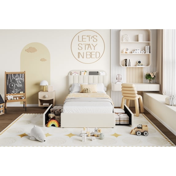 Multiple Sizes Platform Bed Frame with Storage Headboard, Faux Fur Upholstery, 2 Rolling Drawers & Sturdy Wood Slats | No Box Spring Needed, Noise Free