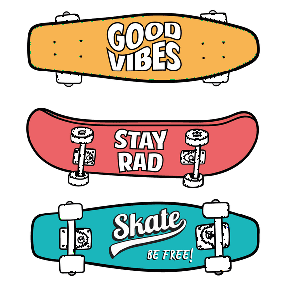Multiple Skateboard Artwork Design for Kid's Bedroom Vinyl Wall Decal - Good Vibes, Stay Rad and Skate Be Free Phrases Under the Boards Collection for Children's Nursery Playroom Wall Decoration - 20"