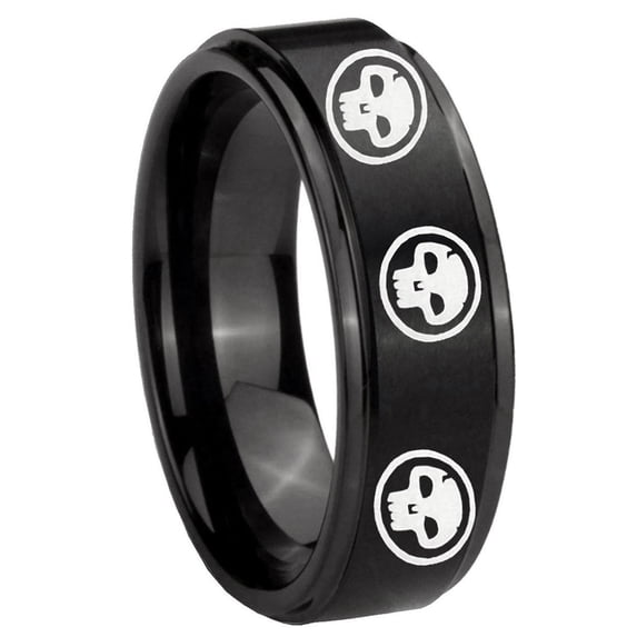 Multiple Skull 8MM Step Edge Brush Black Tungsten Men's Ring
