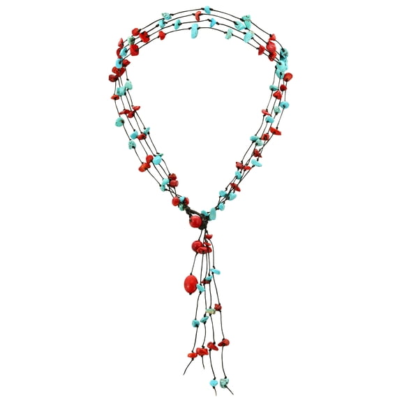 Multiple Strand Synthetic Coral & Reconstructed Turquoise Nugget Necklace