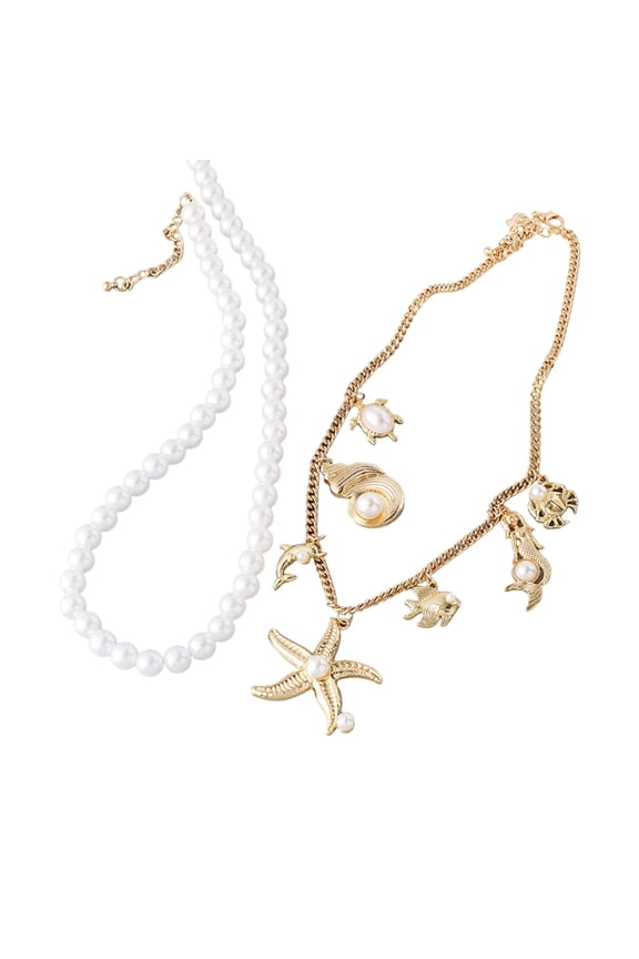 Multiple Strands Beach Styles Shell and Pearls Necklace Stackable Jewelry for Casual or Formal Outfits
