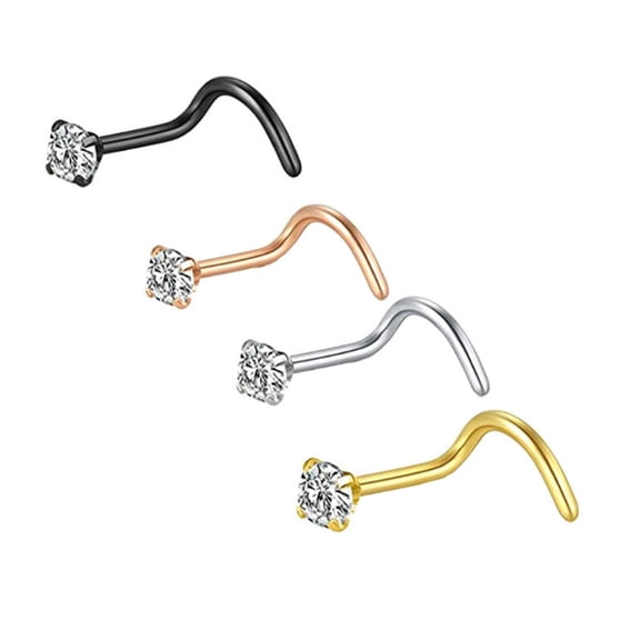 Multiple Styles Stainless Steel Nose Rings 4Pcs 4 Metallic Color Cubic Zirconia 0.8mm Gauge Body Piercing Jewelry