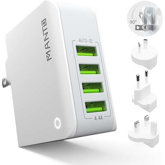 Multiple USB Wall Charger, MANTO 4.4A/22W 4 Port USB Travel Power Adapter, All in One Worldwide Cell Phone Charger Plug for iPhone 13 Pro/13 Mini/13 Pro Max/12/11/XR/SE/8, Samsung, LG, HTC and More