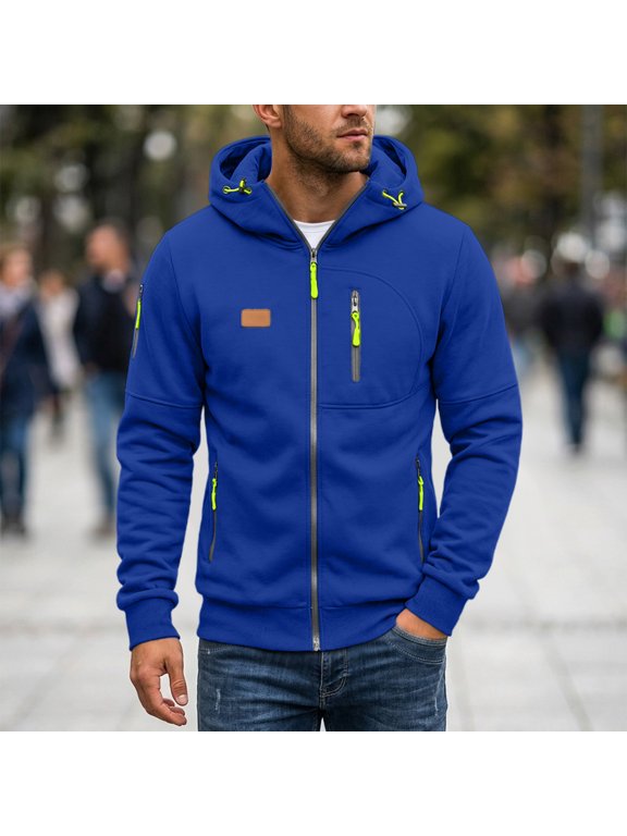 Multiple Zipper Pockets Define This Men’s Full Zip Hoodie with Fleece Lining Drawstring Hood Long Sleeves Solid Color Casual Style