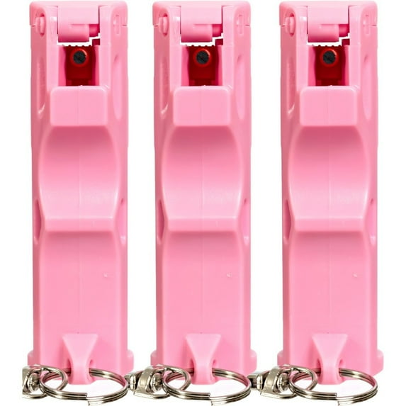 Multiple-piece handheld pendant-style 3-piece set. High-powered police riot spray. Self-defense safety protection item. 1/2 ounce. Pink.