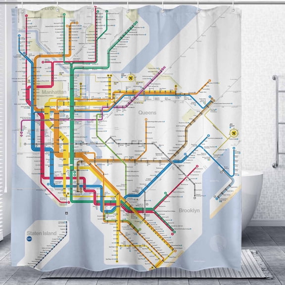 New York City Subway Map Shower Curtain, Vintage NYC Underground Transit Route Print Bathroom Decor Polyester Fabric Curtain Sets with Hooks
