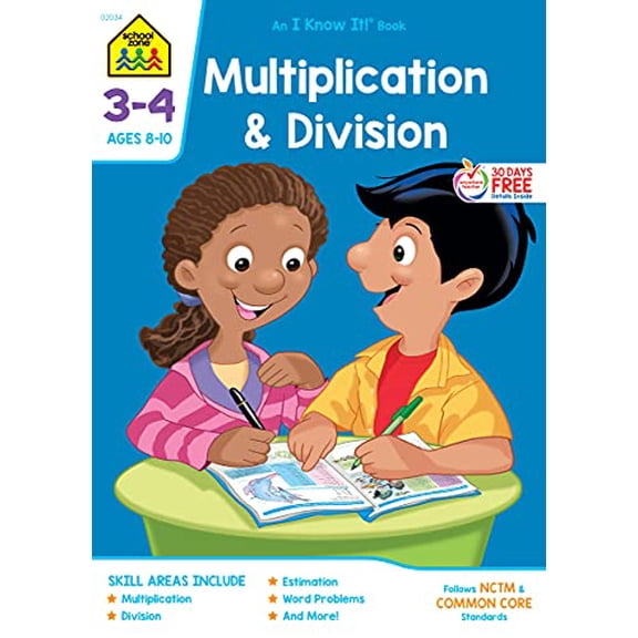 Pre-Owned School Zone Multiplication & Division Workbook: 32 Pages, 3rd Grade, 4th Grade, Estimation, Word Problems, Ages 8 to 10 (I Know It! Book Series) (Paperback) 0938256343 9780938256342