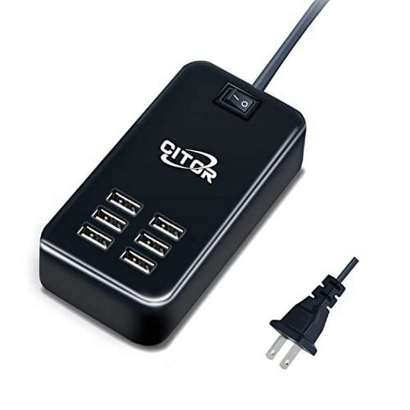 Multiport USB Charger, 6 Port USB Charging Station for Multiple Devices, Phone, Tablet, Power Strip with ON/Off Switch (Black)
