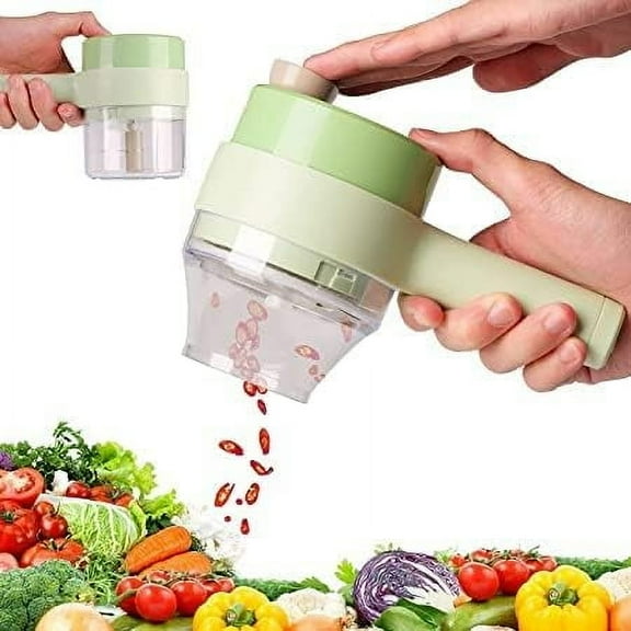 Multipurpose 4 in 1 Handheld Electric Vegetable Cutter Set Portable Wireless Garlic Mud Masher Garlic Press and Slicer Set Multifunctional Electric Mini Food Processor (Plastic)