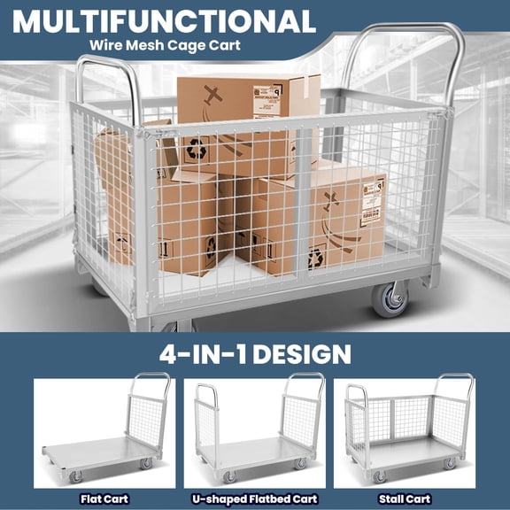 Multipurpose 4 in1 Foldable Flatbed Cart, Heavy Duty Push Cart Dolly with Swivel Wheels 2200lbs Capacity for Stall Storage