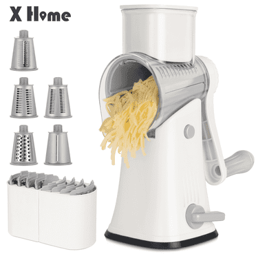 X Home Multipurpose 5-in-1 Rotary Cheese Grater, Cheese Shredder with Rubber Suction Base, Versatile Drum Blades for Vegetables, Nuts, and More, White