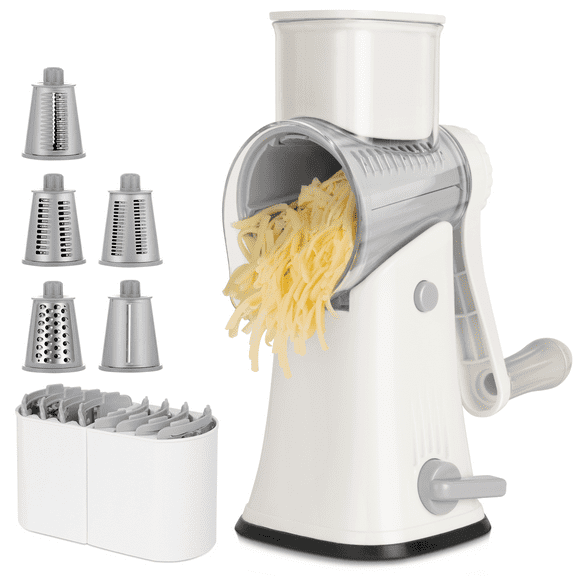 Multipurpose 5-in-1 Rotary Cheese Grater, Cheese Shredder with Rubber Suction Base, Versatile Drum Blades for Vegetables, Nuts, and More, White