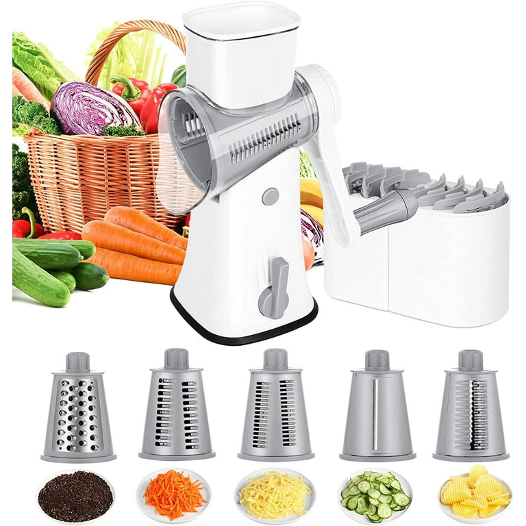 Multipurpose 5-in-1 Rotary Cheese Grater, Upgraded Cheese Shredder with  Rubber Suction Base, Versatile Drum Blades for Vegetables, Nuts, and More