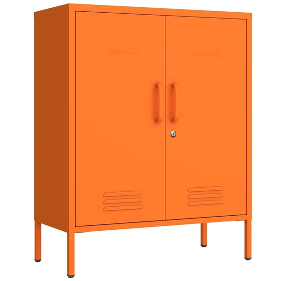 Multipurpose Accent Cabinet Locker, Metal Storage Cabinet with 2 Adjustable Shelves, Heavy Duty & Lockable Organizer Made of Thickened Steel, Easy Assembly for Home, Entryway, Orange