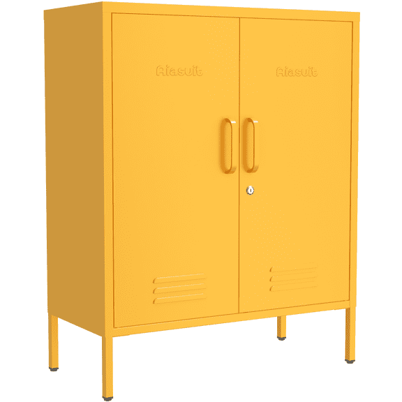 Multipurpose Accent Cabinet Locker, Metal Storage Cabinet with 2 Adjustable Shelves, Heavy Duty & Lockable Organizer Made of Thickened Steel, Easy Assembly for Home, Entryway, Yellow