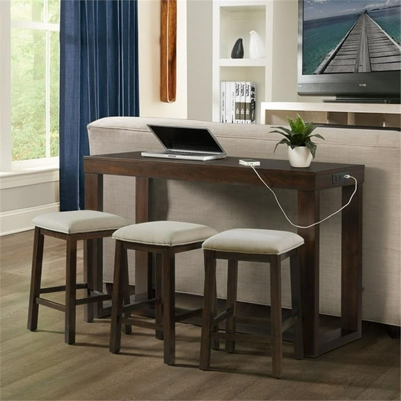 Multipurpose Bar Table Set with 3 Upholstered Stools, USB Ports & Power Strip in Dark Walnut and Taupe Fabric