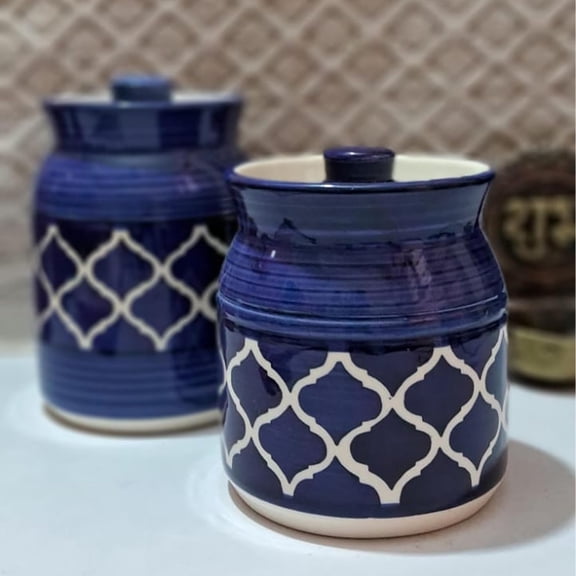 Multipurpose Barni for Chutney, Pickle jar Storage Container, Ceramic,Cornichon Storage Jars with Lid Pack of 2 (500 ml and 1000 ml) Blue