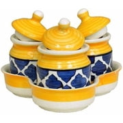 Multipurpose Barni for Chutney, Pickle jar Storage Container, Ceramic Jars with Lid and Holding Tray Pack of3 |Multi Colour