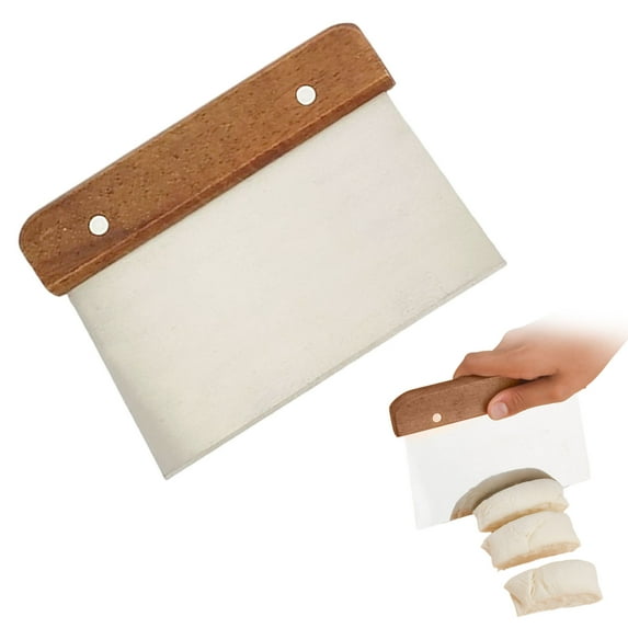 Multipurpose Bench Scraper Kitchen Utensil for Flat Top Griddle, Dough Scraper Cutter for Bread and Pizza Cutter, Stainless Steel Metal Griddle Scraper Chopper with Wooden Handle, 1 Pcs, 5.9x4.13"