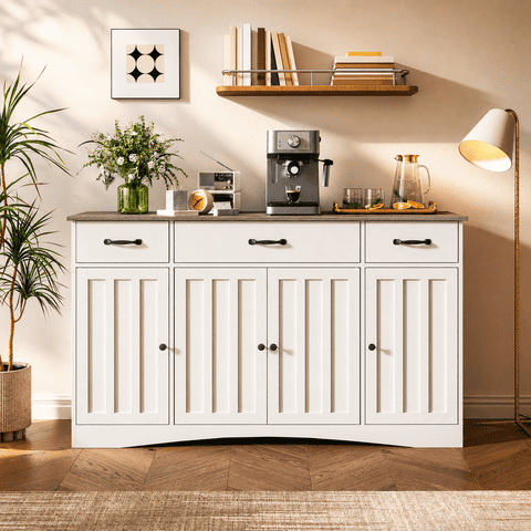 Multipurpose Buffet Cabinet with 4 Doors 3 Drawer, Layered Open Shelf Design, Ideal for Kitchen Bathroom Living Room Storage, Grey