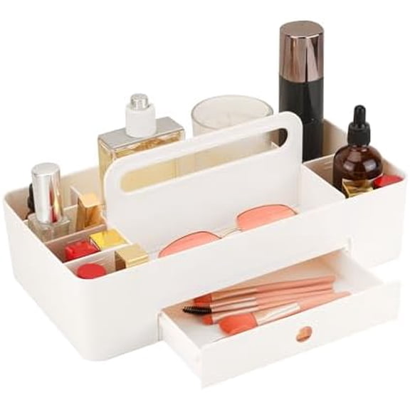 Multipurpose Caddy Organizer with Handle -8 Compartments and 1 small drawer - Art Craft Supplies, Office, Desk, Stationery Pen Holder, Makeup, Bathroom, Shower, Cleaning, Dorm Organizer - White