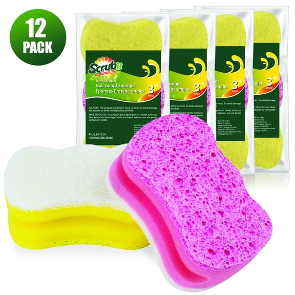 Multipurpose Cellulose Cleaning Sponges with Non Scratch Scouring Pad for Dishes,Pots, Pans, Super Absorbent Scrub Sponge - Unique Shape to Protect Nails: 12 Pack