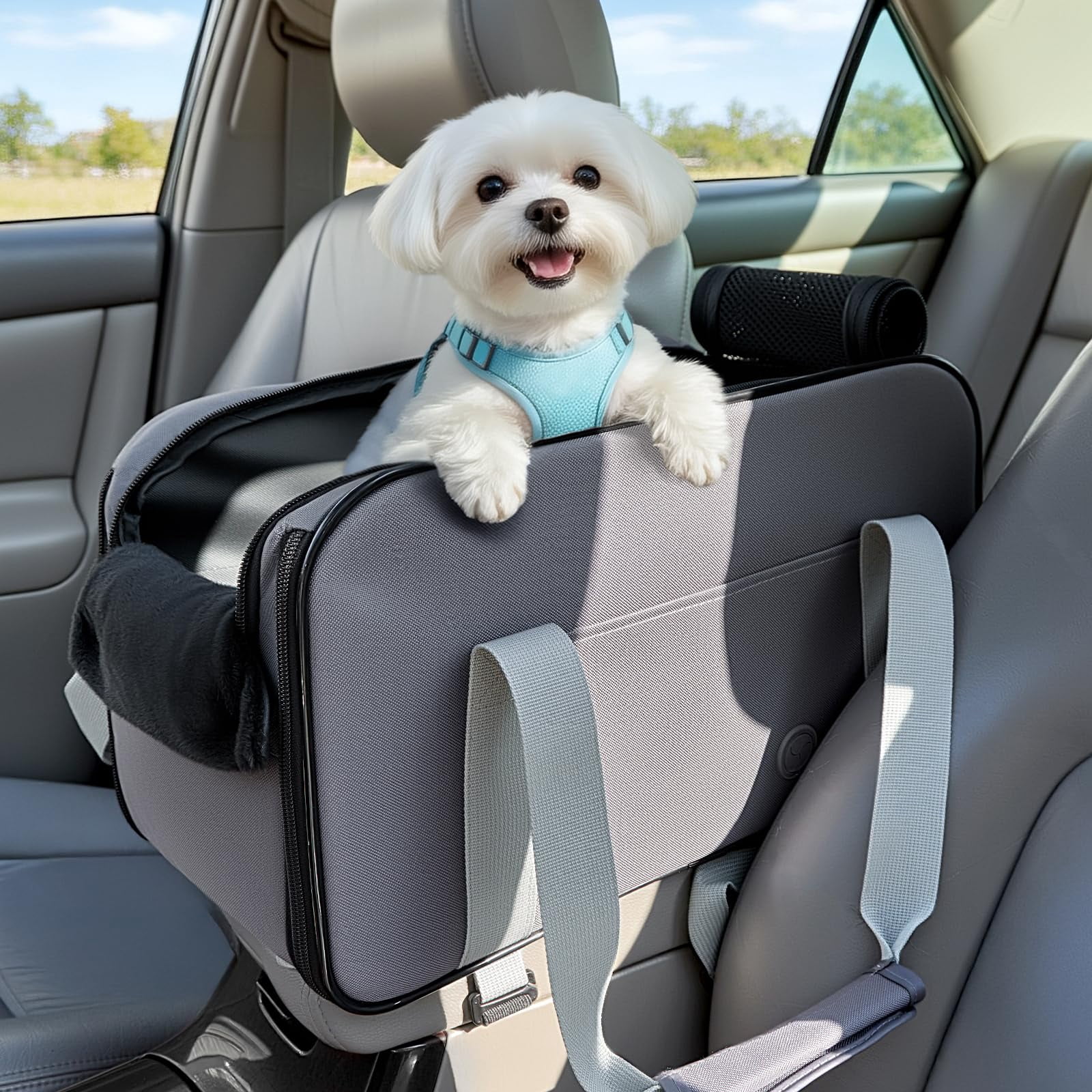 Multipurpose Center Console Dog Car Seat  Airline Approved Carrier With Safety Tether And Pockets Portable Cat Seats For Small Dogs Cats Up To 9 Lbs (deep Grey)
