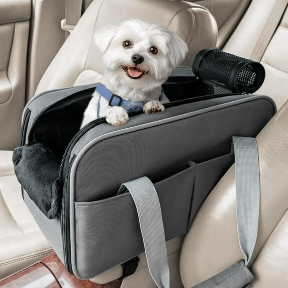 Multipurpose Center Console Dog Car Seat, Airline Approved Dog Car Carrier with Safety Tether and Pockets, Portable Cat Car Seat, Dog Car Seats for Small Dogs, Cats Up to 9 LBS (Deep Grey)