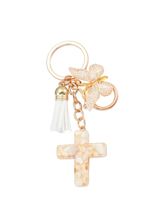Multipurpose Christian Resins Crosses and Butterfly Keychain with Tassels Backpack Bag Charm Keyring Ornament for Women