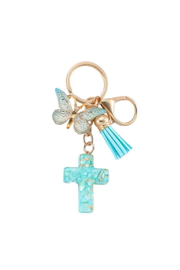 Multipurpose Christian Resins Crosses and Butterfly Keychain with Tassels Backpack Bag Charm Keyring Ornament for Women