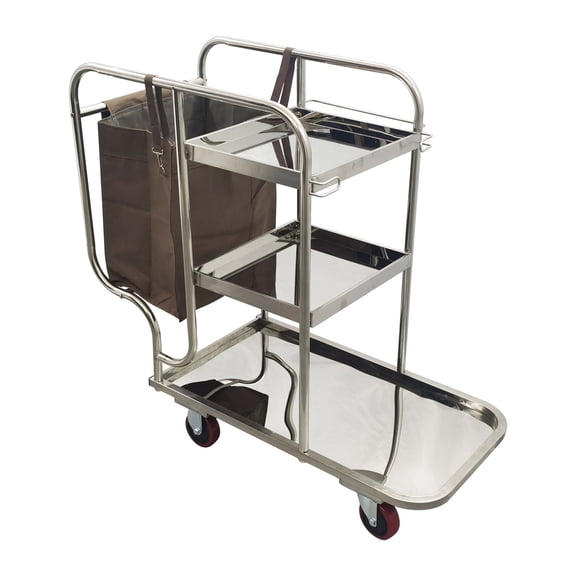 Multipurpose Cleaning Vehicle 3 Shelf Janitor Cart Cloth Bag Stainless Steel