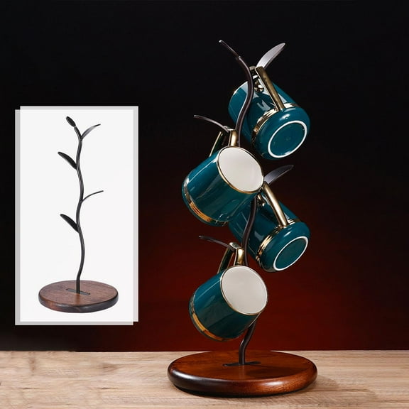 Multipurpose Coffee Mug Holder Storage Rack Stand 16 inch Wooden Base Countertop Mug Tree Holder for Kitchen Organizer Accessory
