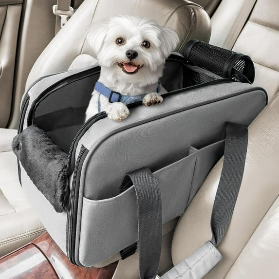 Multipurpose Console Dog Car Seat, Portable Small Dog Car Seat for Dogs, Cat Carrier, Pet Carrier Airline Approved with Safety Tether and Pockets (Light Grey)