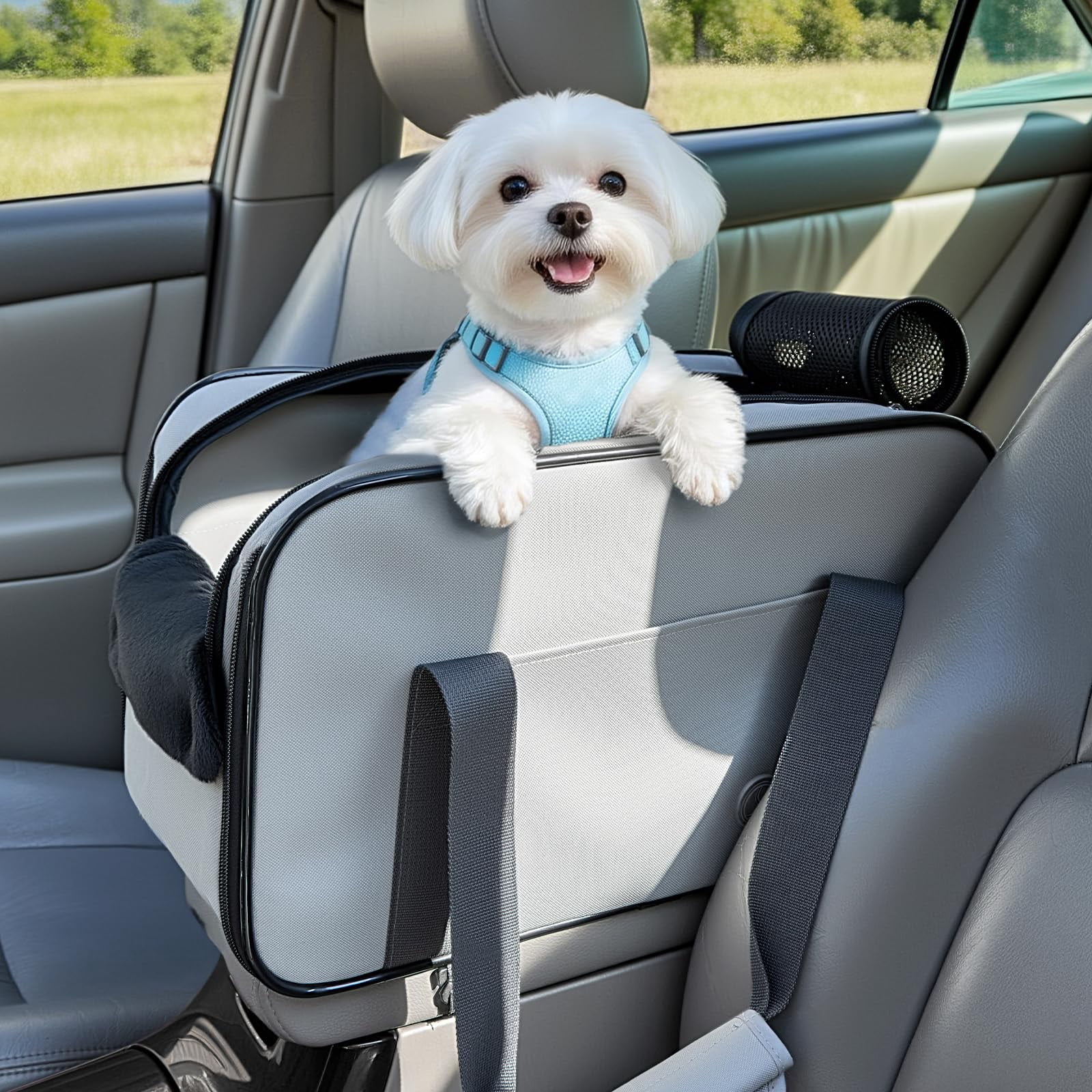 Multipurpose Console Dog Car Seat  Portable Small For Dogs Cat Carrier Pet Airline Approved With Safety Tether And Pockets (light Grey)