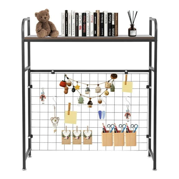 Multipurpose Desktop Bookshelf, Desktop Bookshelf Organizer with Grid and S-Hooks, Desk Bookshelf Tabletop Shelves for Home Dorm Office Supplies Black, 29.5" x 7.9" x 35"