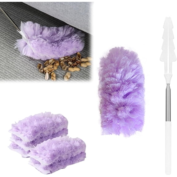 Multipurpose Disposable Bendable Duster with Extendable Pole, Multi Surface Dusters Kit with Handle, 1544 Inches Handle and 5 Refills for Furniture Blinds Windows Ceiling Fans(Purple+5refills)