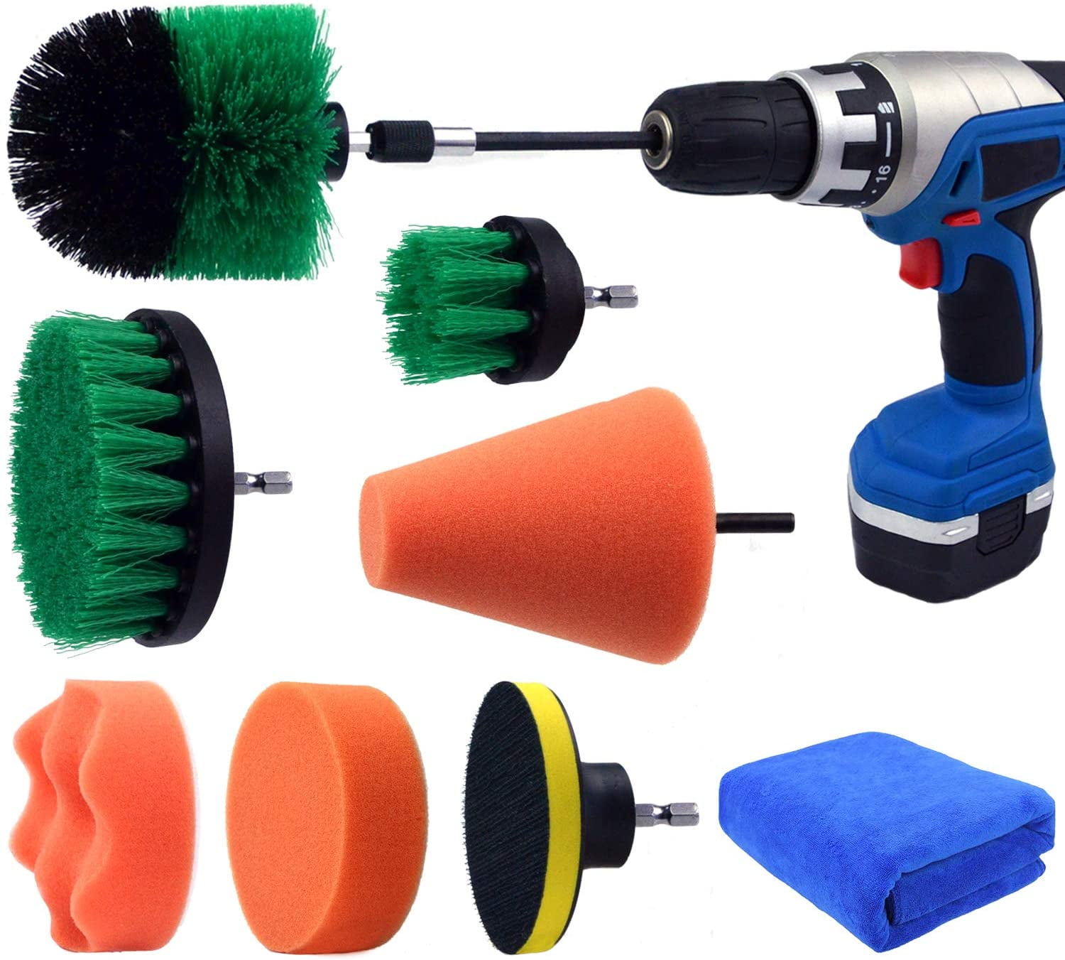 Multipurpose Drill Brush Scrubber Cleaning Set for Car Wheels, Car Seats, Car Carpet Medium Stiff Brushes, Car Wave Polishing Sponge, Wheels Tiles Hubs Care Power Cone Buffing Sponge, 9PCS/Set