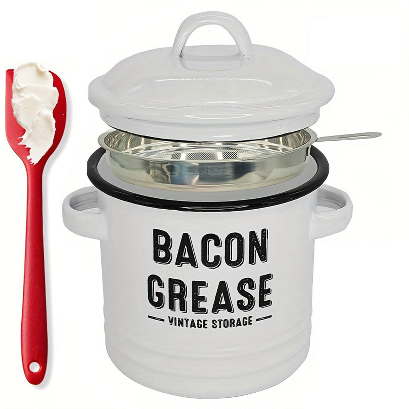Multipurpose Enameled Grease Keeper With Strainer And Silicone Spatula ...