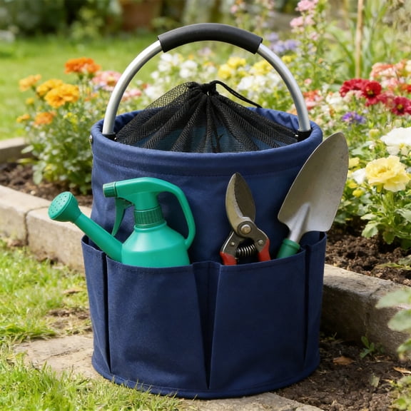 Multipurpose Folding Storage Basket with Drawstring, Portable Cloth Bin for Gardening Tools Camping Supplies, Collapsible Tote with Handle, Multi-Compartment Home Storage Bag