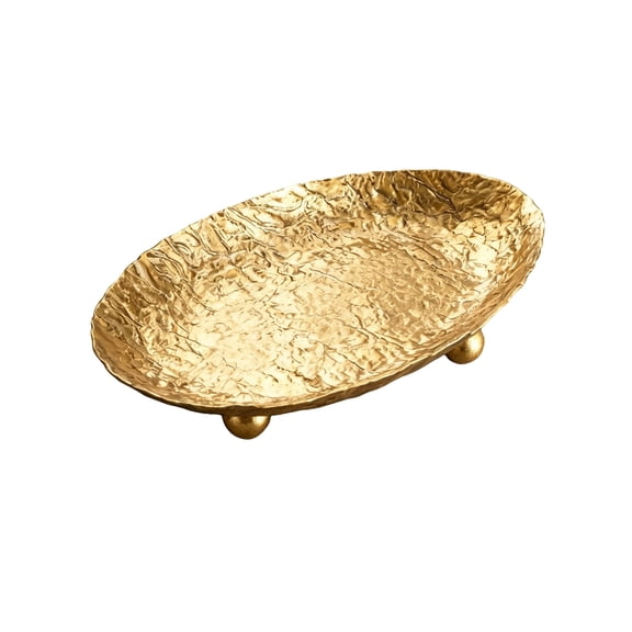 Multipurpose Gold Metal Storage Tray, Hammered Oval Decorative Tray with 3 Feet, for Living Room Bedroom Bathroom Entryway