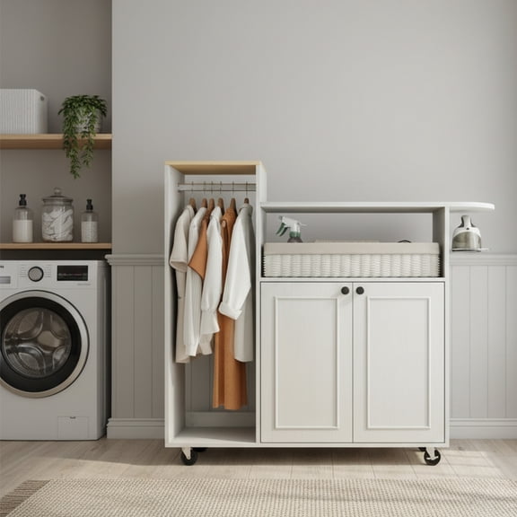 Multipurpose Ironing Board, Movable Ironing Board Full Size for Iron Rest and Clothes, Ironing Cabinet for Laundry Room, Bedroom, Cloakroom, Antique White