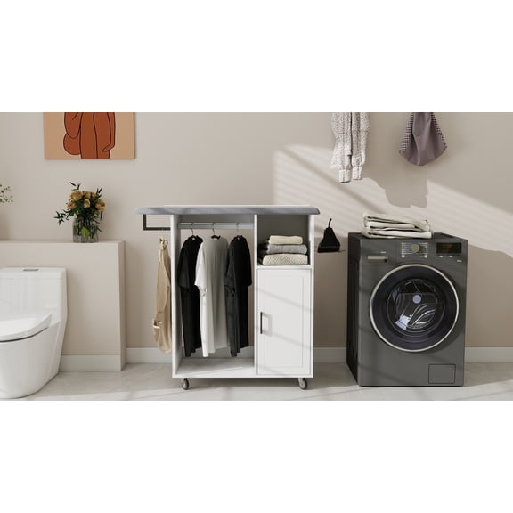 Multipurpose Ironing Cart with Rolling Ironing Board, Compact Ironing Cabinet for Laundry Room, Bedroom, Cloakroom - White, E1 MDF
