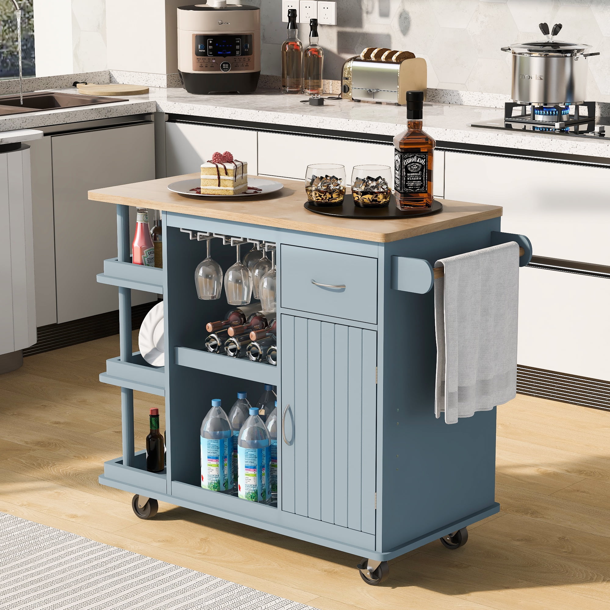Multipurpose Kitchen Cart with Side Storage Shelves,Rubber Wood