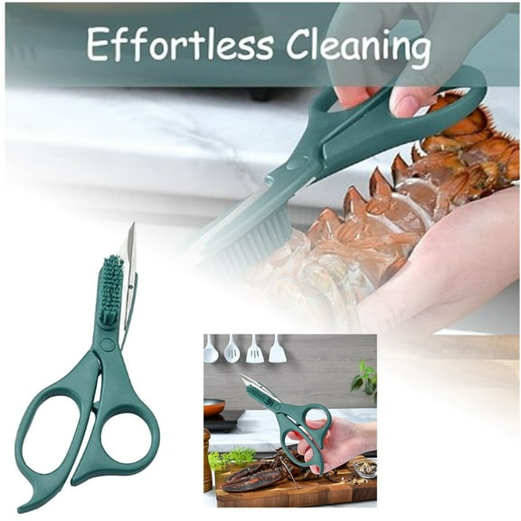 Multipurpose Kitchen Scissors 2 in 1 Wash Scissors with Brush Stainless Steel Heavy Duty for Seafood Meat Vegetables Green