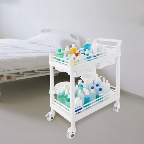 Multipurpose Medical Trolley with 2 Hidden Drawers, 360 Swivel Wheels & Rounded Corners, Water-Resistant Surface for Pharma/Beauty/Home Use