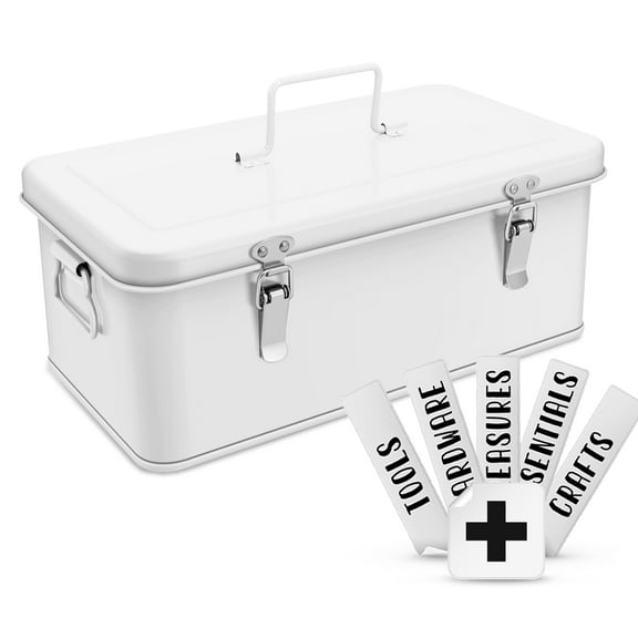 Multipurpose Metal Storage Box - Metal Box with Lid, Handles, and Dual Latches for Medical and Tool Storage - 4 Compartments with Safety Lock, White