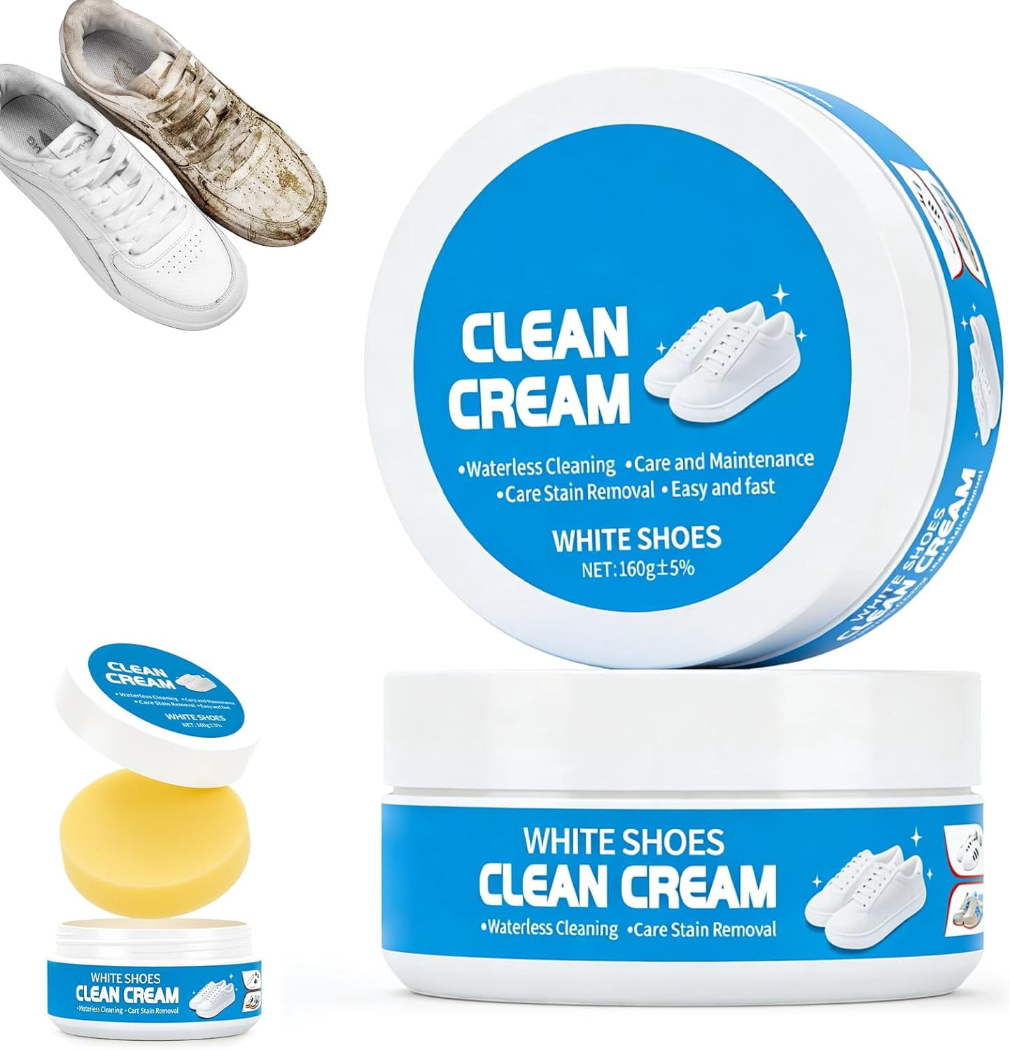 Multipurpose No-Wash White Shoe Cleaner, 2PCS Instant Stain Remover Cream with Sponge, Waterless Deep Cleaning Paste, for Sneakers and Leather Boots