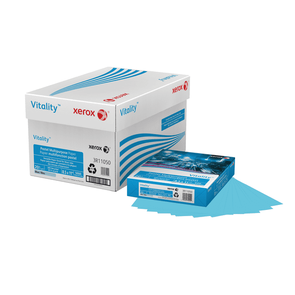 Xerox Vitality Pastel Color Multi-Use Printer & Copy Paper, 10 Reams, Blue, Letter Size, 5000 Sheets Per Case, 20 Lb, 30% Recycled - 3R11050-CT