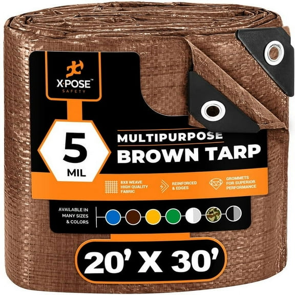 Multipurpose Protective Cover Brown Poly Tarp 20' x 30' - Durable, Water Resistant, Weather Resistant - 5 Mil Thick Polyethylene - by Xpose Safety