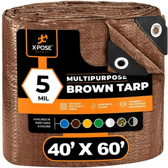 Multipurpose Protective Cover Brown Poly Tarp 40' x 60' - Durable, Water Resistant, Weather Resistant - 5 Mil Thick Polyethylene - by Xpose Safety